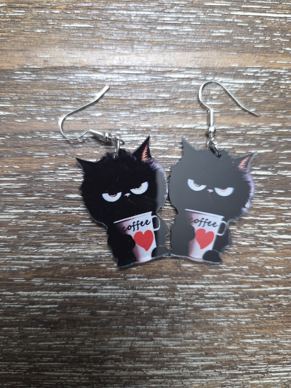 Black Cat Coffee Heart Dangle Earrings New Came In Plastic